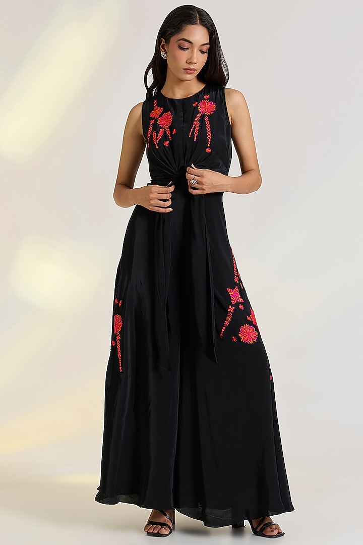 Black Crepe Hand Embroidered Jumpsuit by Ewoke at Pernia's Pop Up Shop