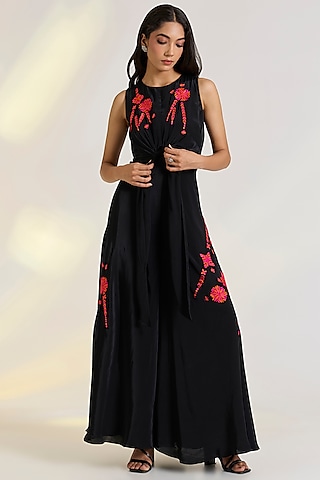 Black Crepe Hand Embroidered Jumpsuit by Ewoke