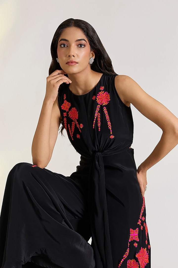 Black Crepe Hand Embroidered Jumpsuit by Ewoke at Pernia's Pop Up Shop