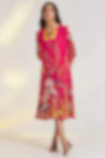 Pink Crepe Hand Embroidered & Floral Printed Summer Dress by Ewoke at Pernia's Pop Up Shop