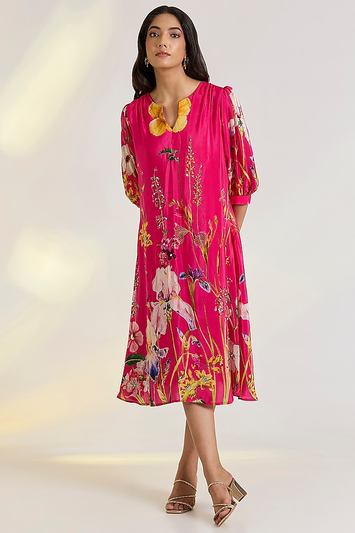 Pink Crepe Hand Embroidered & Floral Printed Summer Dress by Ewoke at Pernia's Pop Up Shop