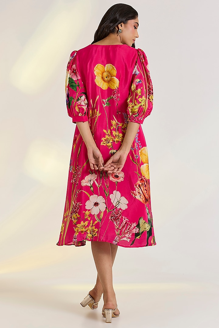 Pink Crepe Hand Embroidered & Floral Printed Summer Dress by Ewoke at Pernia's Pop Up Shop