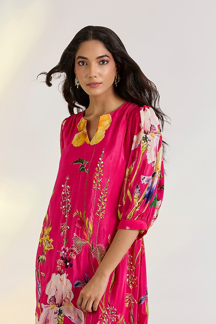Pink Crepe Hand Embroidered & Floral Printed Summer Dress by Ewoke at Pernia's Pop Up Shop