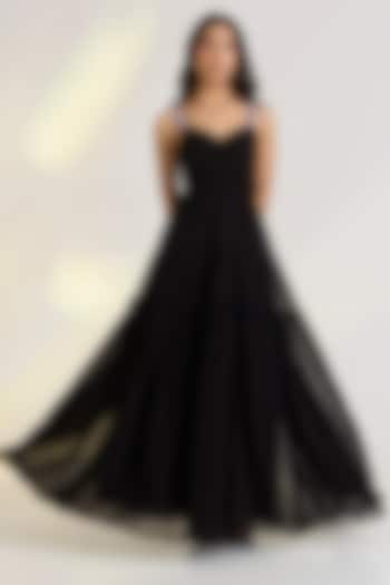 Black Georgette Hand Embroidered Draped Vacation Dress by Ewoke at Pernia's Pop Up Shop