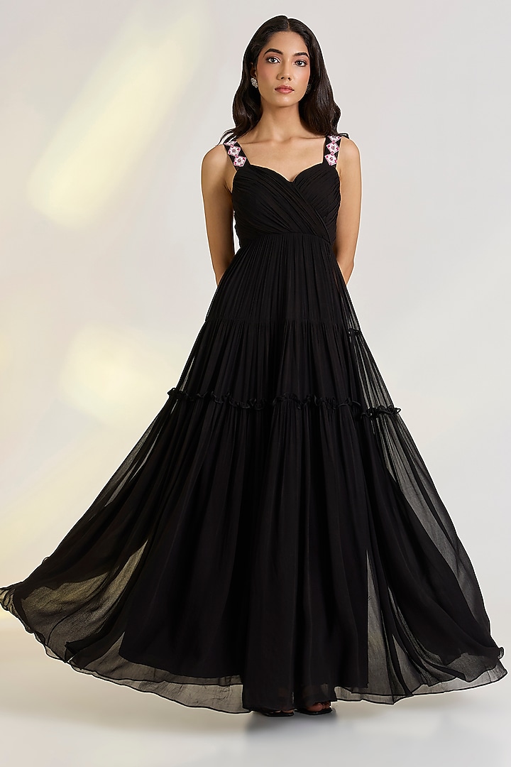 Black Georgette Hand Embroidered Draped Vacation Dress by Ewoke at Pernia's Pop Up Shop