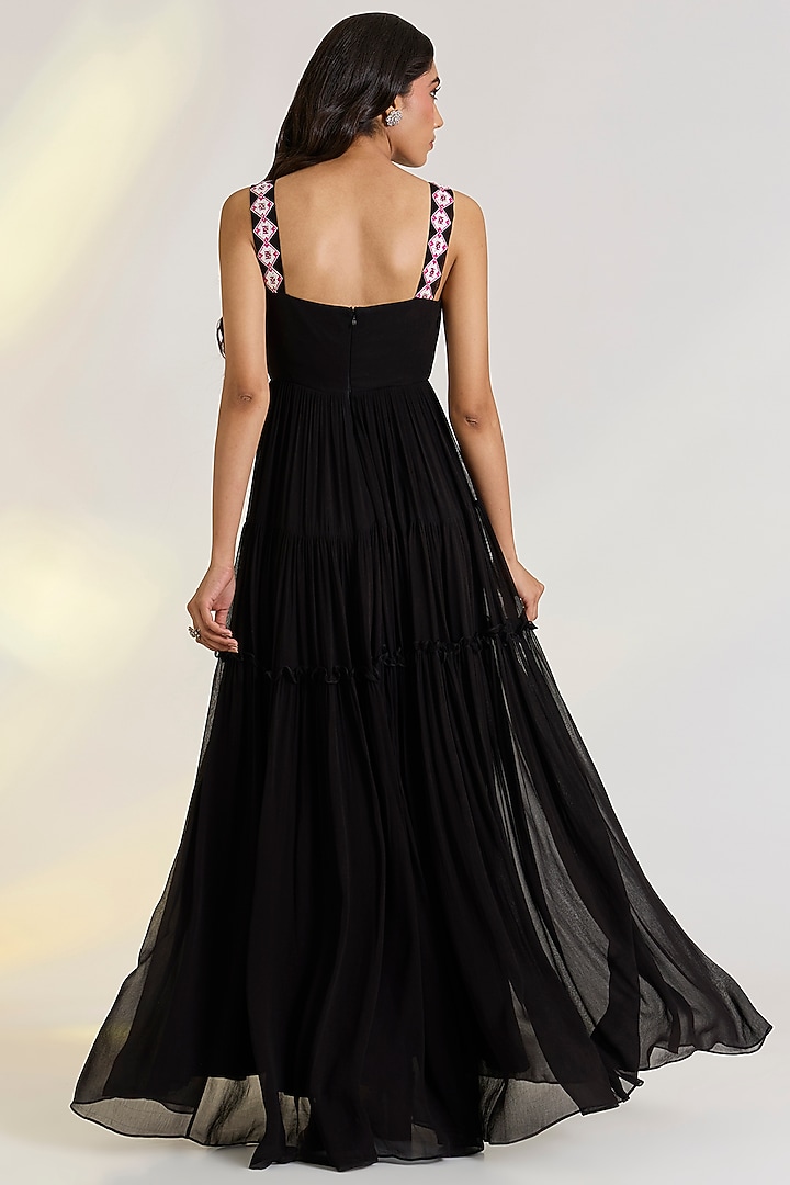Black Georgette Hand Embroidered Draped Vacation Dress by Ewoke at Pernia's Pop Up Shop