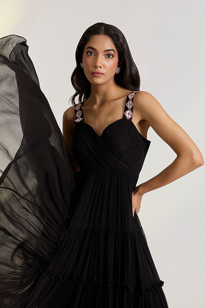 Black Georgette Hand Embroidered Draped Vacation Dress by Ewoke at Pernia's Pop Up Shop