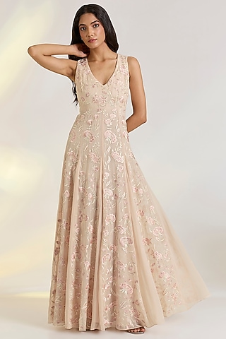 Pink Georgette Hand Embroidered Gown by Ewoke