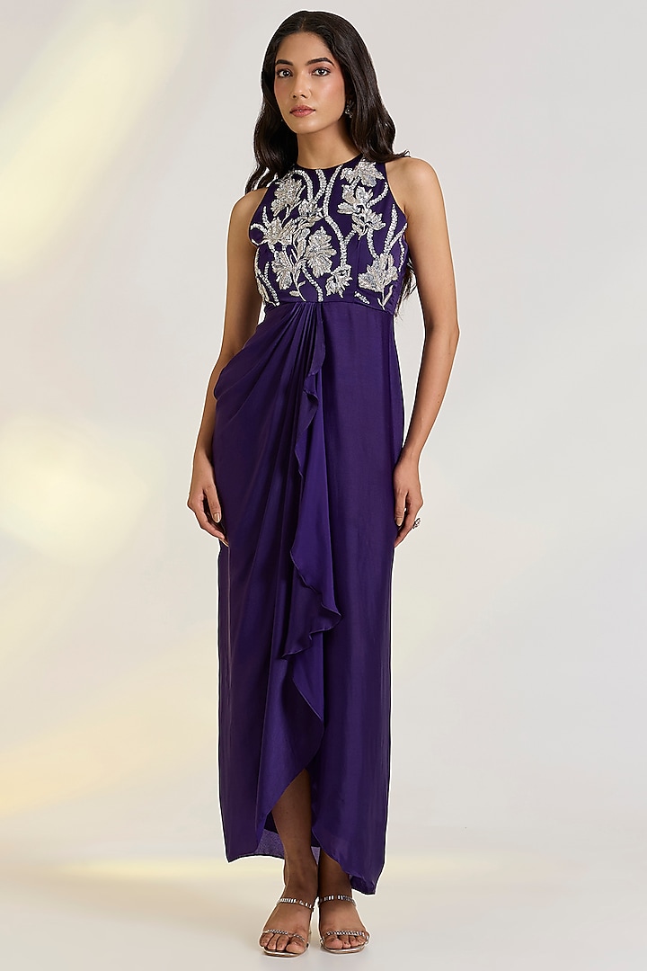 Purple Georgette Satin Floral Embroidered Vacation Dress by Ewoke at Pernia's Pop Up Shop