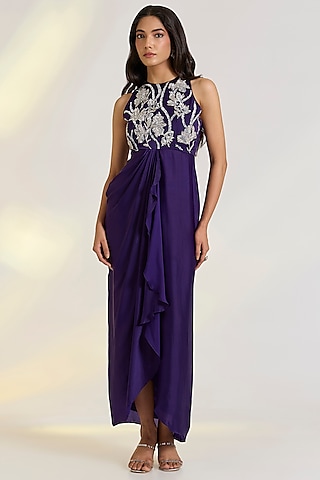 Purple Georgette Satin Floral Embroidered Dress by Ewoke