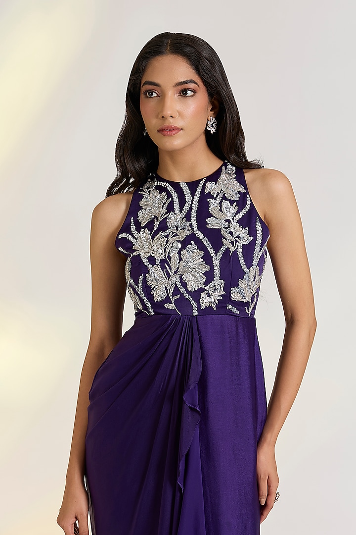 Purple Georgette Satin Floral Embroidered Summer Dress by Ewoke at Pernia's Pop Up Shop