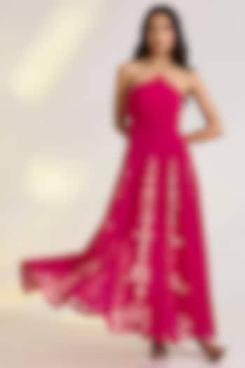 Fuschia Pink Georgette Embroidered Cocktail Dress by Ewoke at Pernia's Pop Up Shop