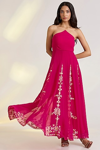Fuschia Pink Georgette Embroidered Dress by Ewoke