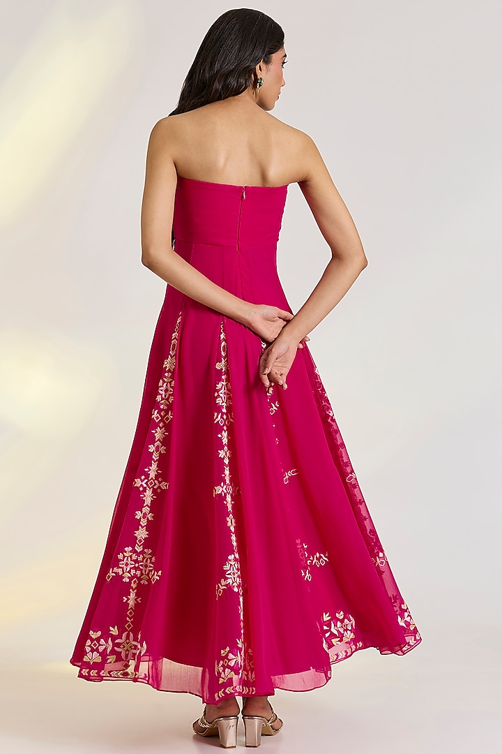 Fuschia Pink Georgette Embroidered Cocktail Dress by Ewoke at Pernia's Pop Up Shop