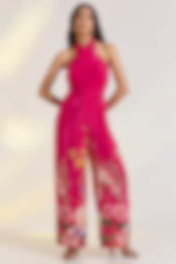 Pink Crepe Hand Embroidered & Floral Printed Jumpsuit by Ewoke at Pernia's Pop Up Shop