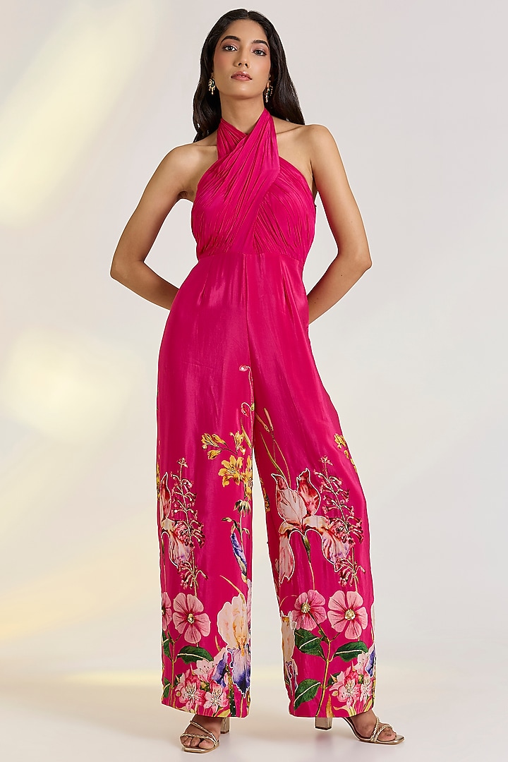 Pink Crepe Hand Embroidered & Floral Printed Jumpsuit by Ewoke at Pernia's Pop Up Shop