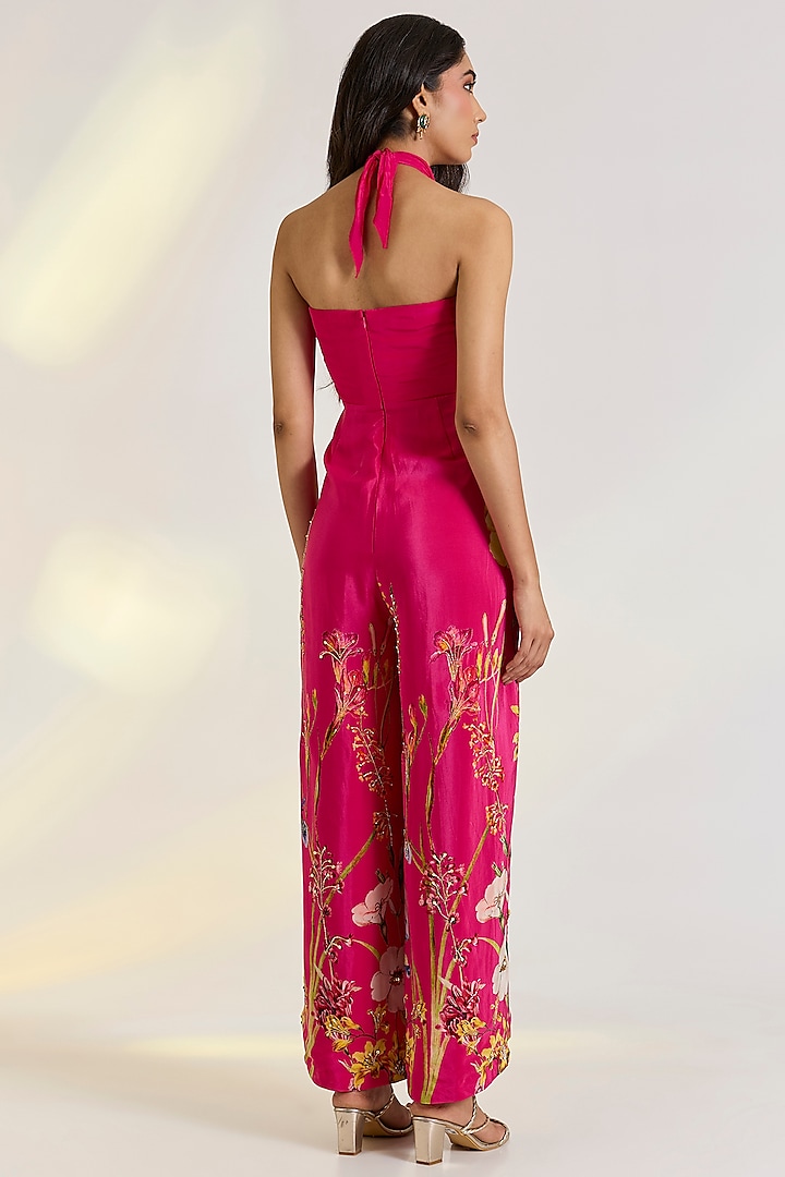 Pink Crepe Hand Embroidered & Floral Printed Jumpsuit by Ewoke at Pernia's Pop Up Shop