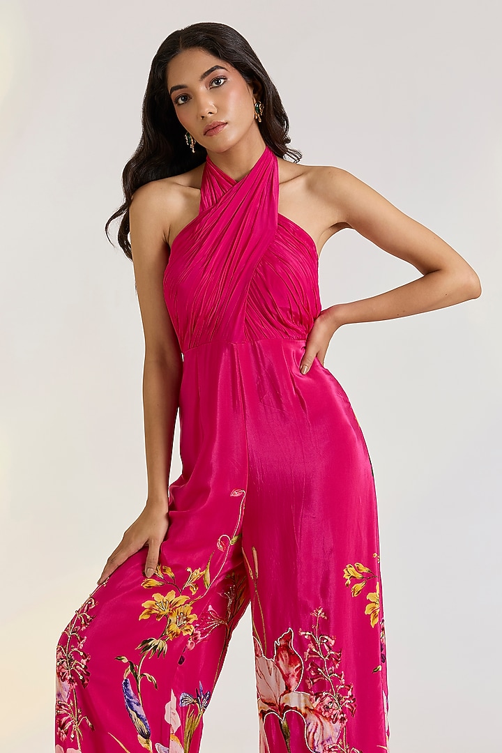 Pink Crepe Hand Embroidered & Floral Printed Jumpsuit by Ewoke at Pernia's Pop Up Shop