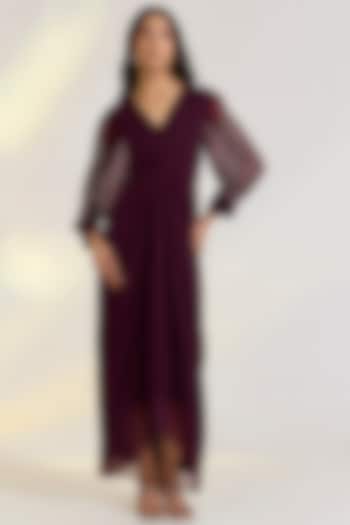 Wine Georgette Hand Embroidered Draped Summer Dress by Ewoke at Pernia's Pop Up Shop
