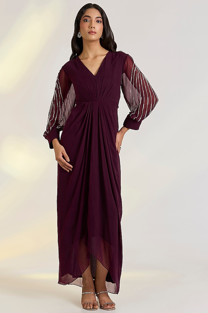 Wine Georgette Hand Embroidered Draped Summer Dress by Ewoke at Pernia's Pop Up Shop