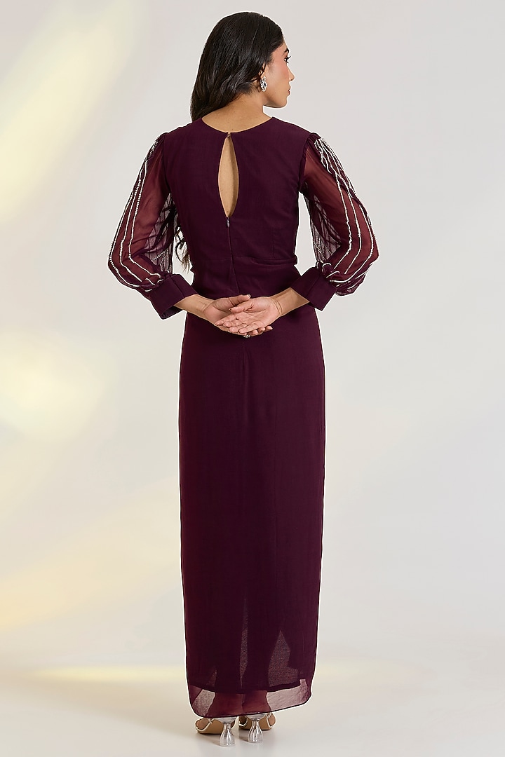 Wine Georgette Hand Embroidered Draped Summer Dress by Ewoke at Pernia's Pop Up Shop
