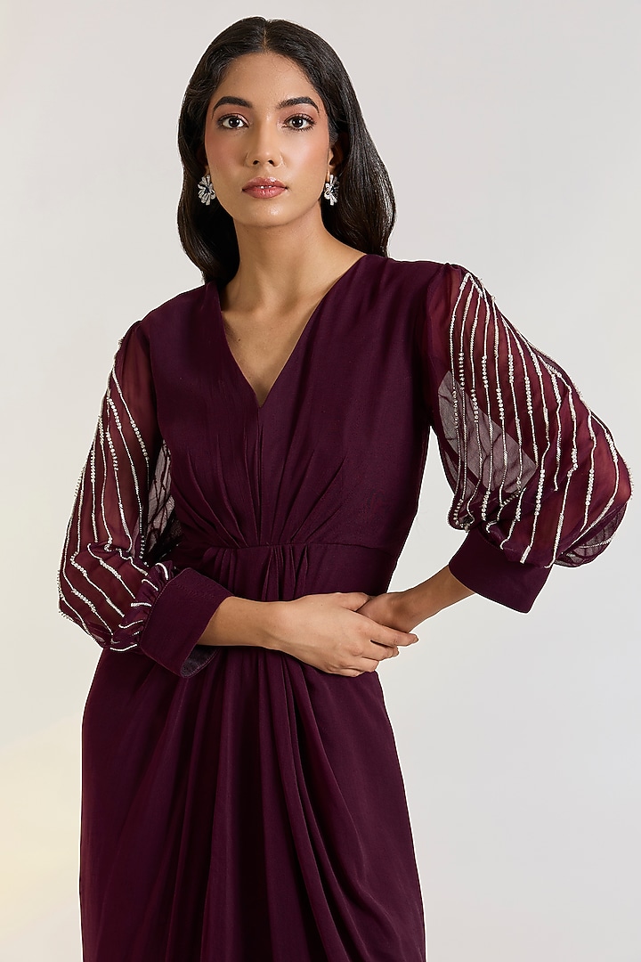 Wine Georgette Hand Embroidered Draped Summer Dress by Ewoke at Pernia's Pop Up Shop