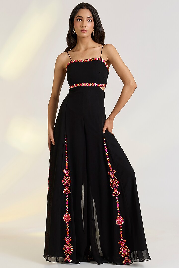 Black Georgette Hand Embroidered Jumpsuit by Ewoke at Pernia's Pop Up Shop