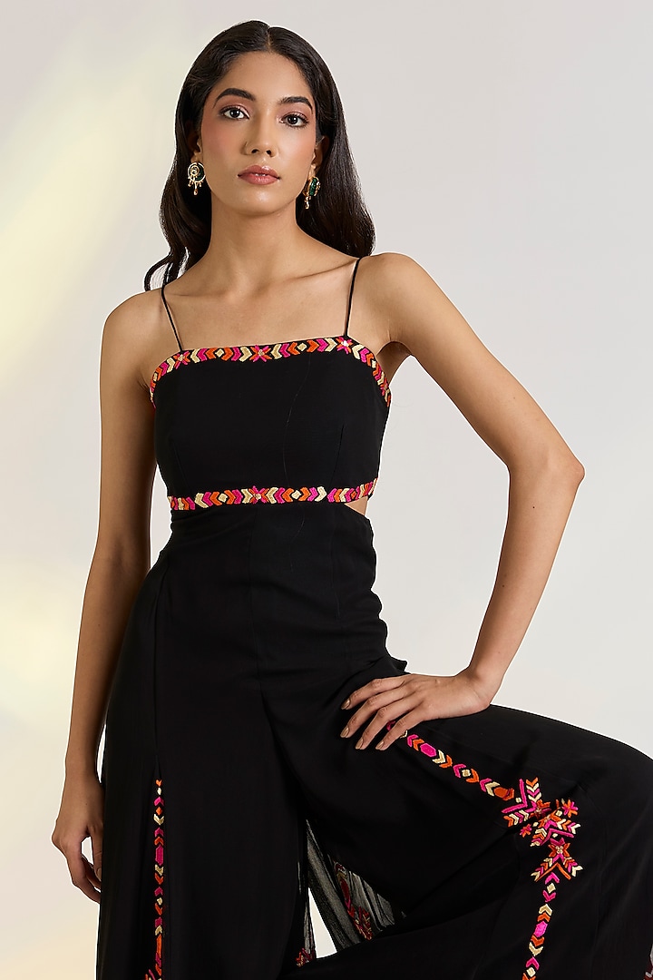 Black Georgette Hand Embroidered Jumpsuit by Ewoke at Pernia's Pop Up Shop