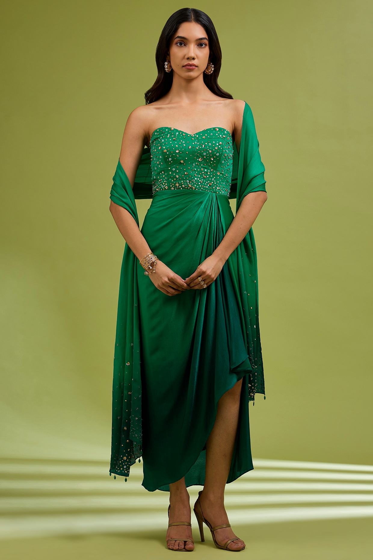 Ewoke Green Georgette Satin Hand Embroidered Gown With Dupatta