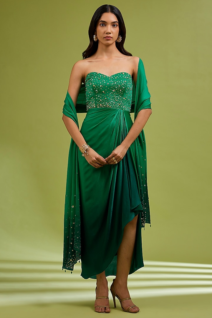 Green Georgette Satin Hand Embroidered Party Wear Gown With Dupatta by Ewoke at Pernia's Pop Up Shop