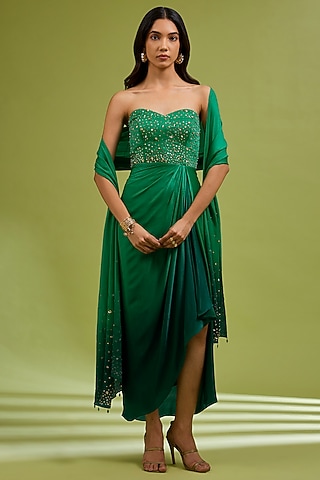 Green Georgette Satin Hand Embroidered Gown With Dupatta by Ewoke