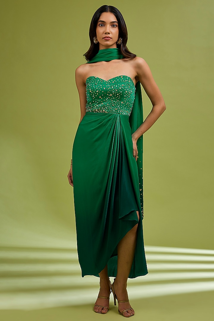 Green Georgette Satin Hand Embroidered Party Wear Gown With Dupatta by Ewoke at Pernia's Pop Up Shop