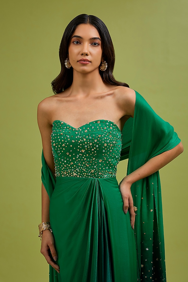 Green Georgette Satin Hand Embroidered Party Wear Gown With Dupatta by Ewoke at Pernia's Pop Up Shop