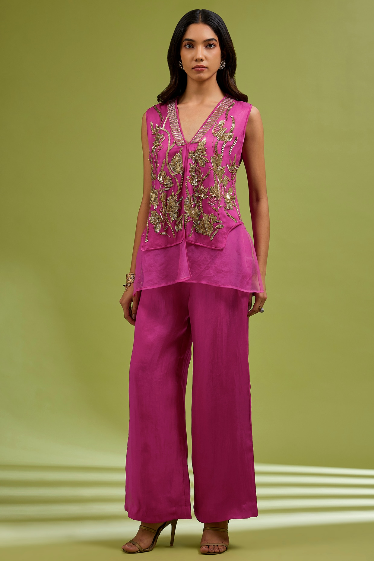 Ewoke Pink Organza Embroidered Co-Ord Set