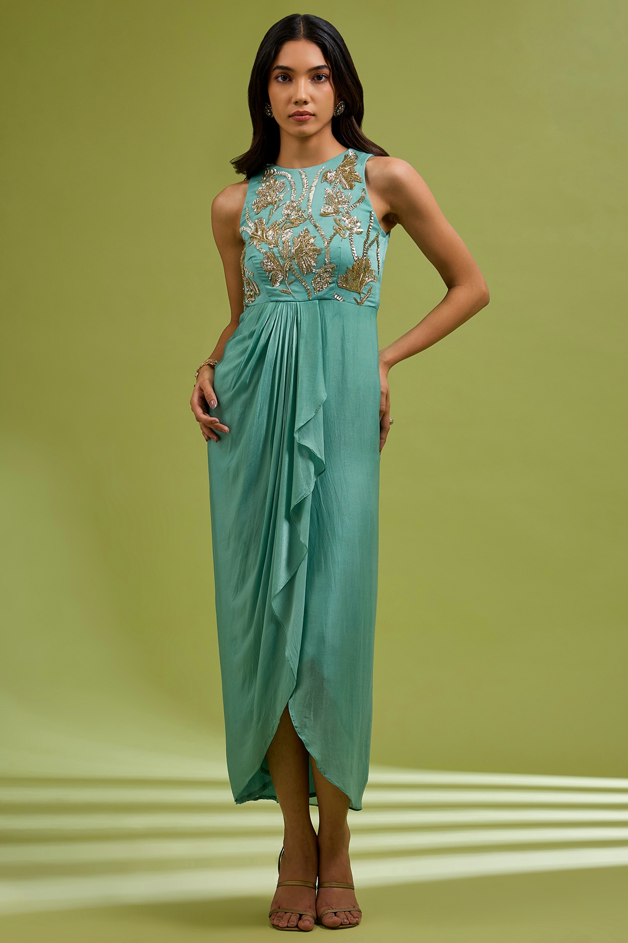 Ewoke Green Georgette Satin Floral Embroidered Gown