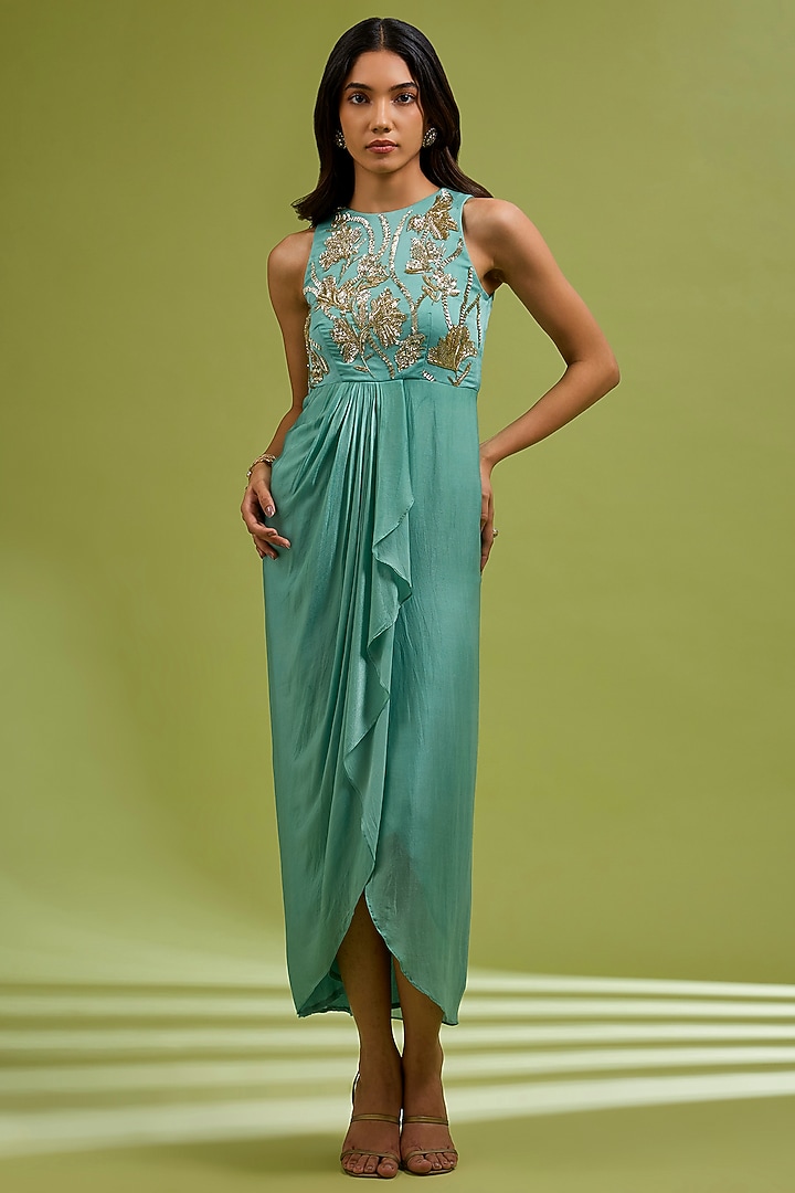 Green Georgette Satin Floral Embroidered Gown by Ewoke at Pernia's Pop Up Shop