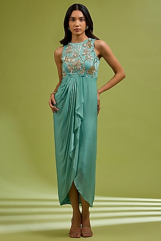 Green Georgette Satin Floral Embroidered Gown by Ewoke