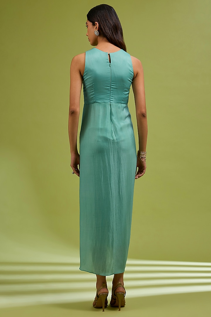Green Georgette Satin Floral Embroidered Gown by Ewoke at Pernia's Pop Up Shop