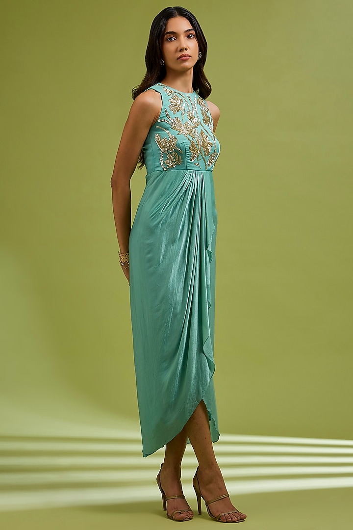 Green Georgette Satin Floral Embroidered Gown by Ewoke at Pernia's Pop Up Shop