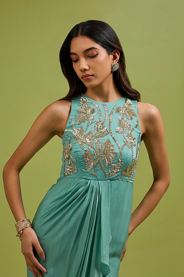 Green Georgette Satin Floral Embroidered Gown by Ewoke at Pernia's Pop Up Shop