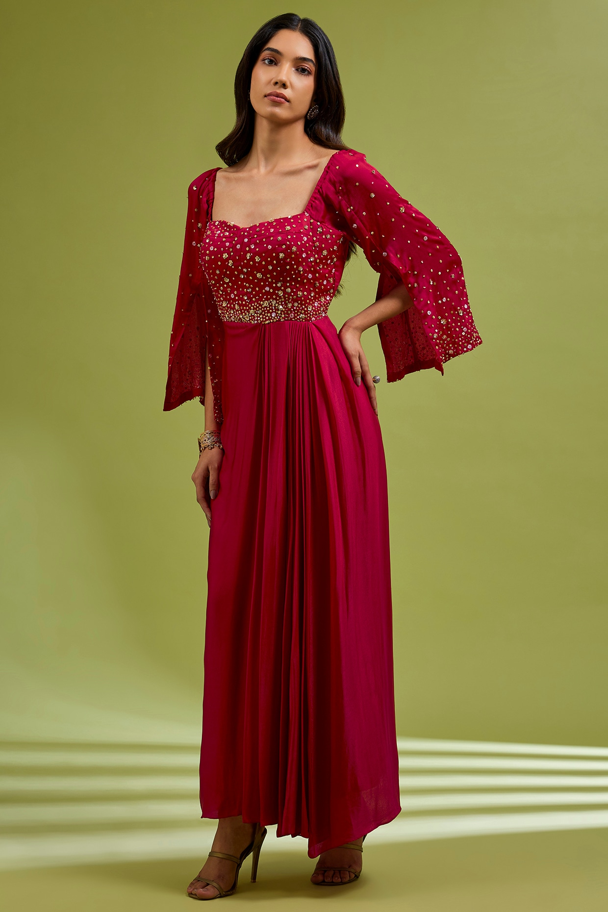 Ewoke Red Georgette Satin Hand Embroidered Gown