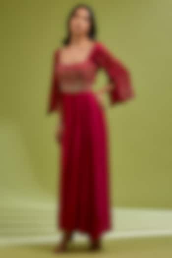 Red Georgette Satin Hand Embroidered Party Wear Gown by Ewoke at Pernia's Pop Up Shop