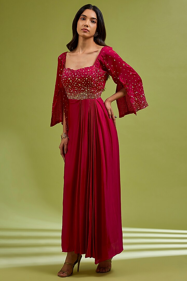 Red Georgette Satin Hand Embroidered Party Wear Gown by Ewoke at Pernia's Pop Up Shop