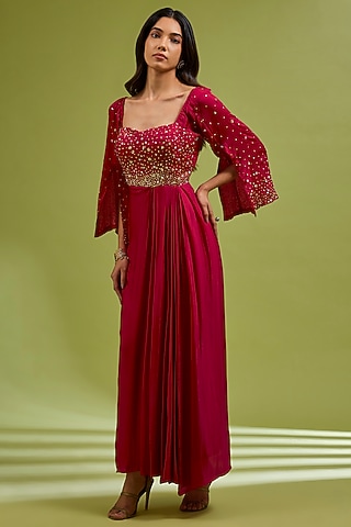 Red Georgette Satin Hand Embroidered Gown by Ewoke