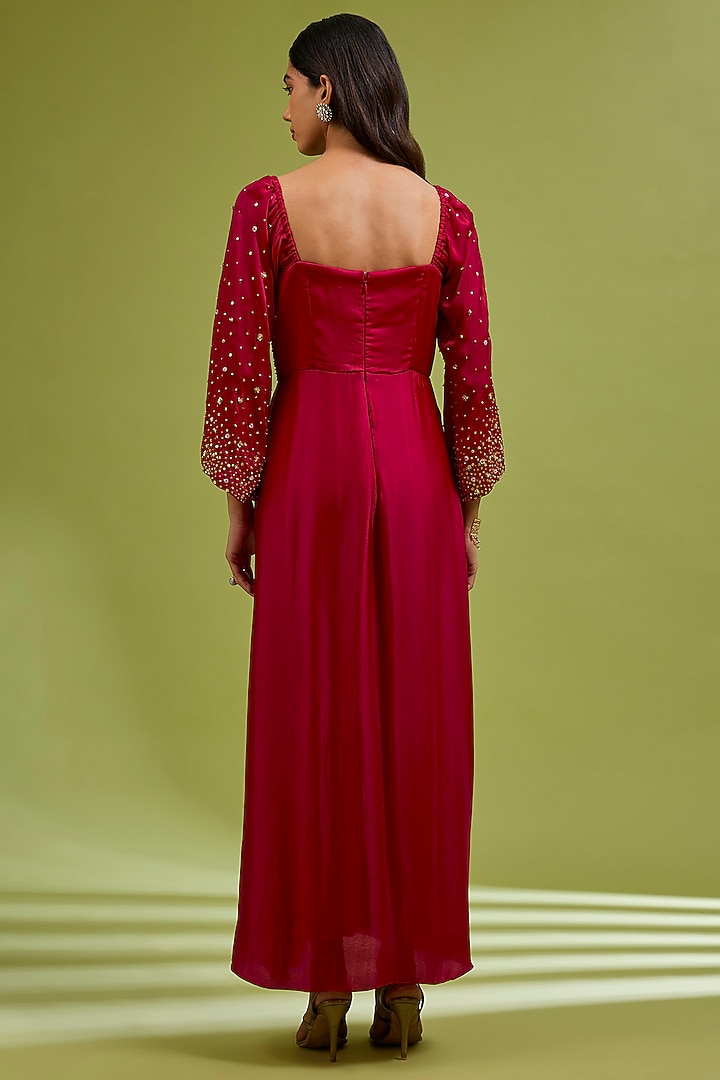 Red Georgette Satin Hand Embroidered Party Wear Gown by Ewoke at Pernia's Pop Up Shop