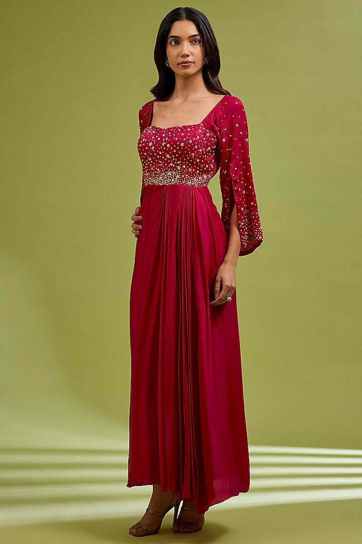 Red Georgette Satin Hand Embroidered Party Wear Gown by Ewoke at Pernia's Pop Up Shop