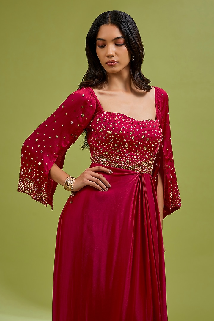 Red Georgette Satin Hand Embroidered Party Wear Gown by Ewoke at Pernia's Pop Up Shop
