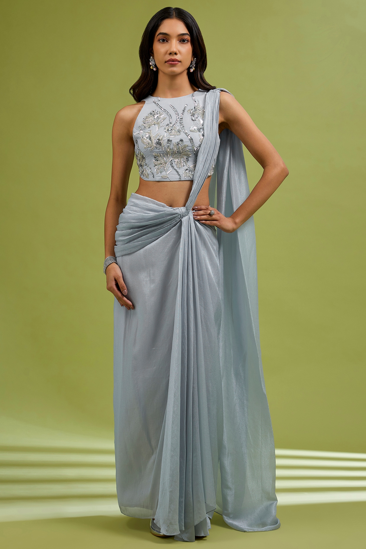 Ewoke Silver Georgette Satin Draped Saree Set