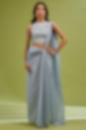 Silver Georgette Satin Draped Party Wear Saree Set by Ewoke at Pernia's Pop Up Shop