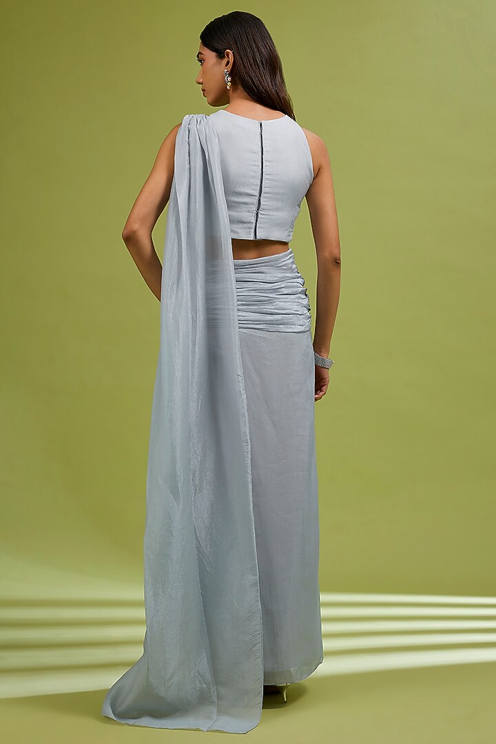 Silver Georgette Satin Draped Party Wear Saree Set by Ewoke at Pernia's Pop Up Shop